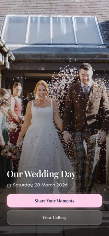 The screen a guest lands on: the event name, the date, a cover photo, and buttons to share their moments or view the gallery.