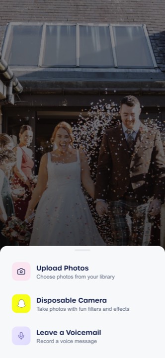 A wedding guest choosing how to share on PixelParty: upload photos, disposable camera or leave a voicemail