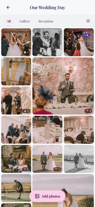 A PixelParty wedding gallery on a phone, a grid of guest photos with reactions