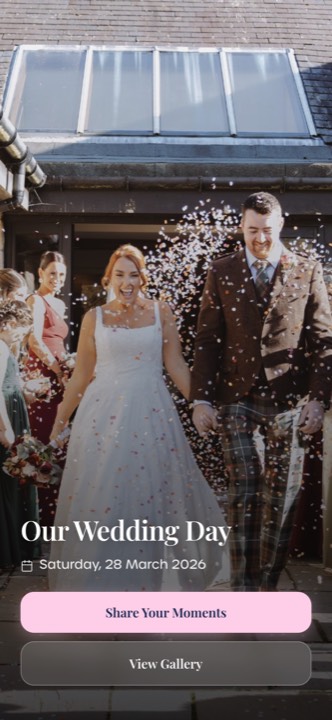A PixelParty wedding event page on a phone with a cover photo and a share button
